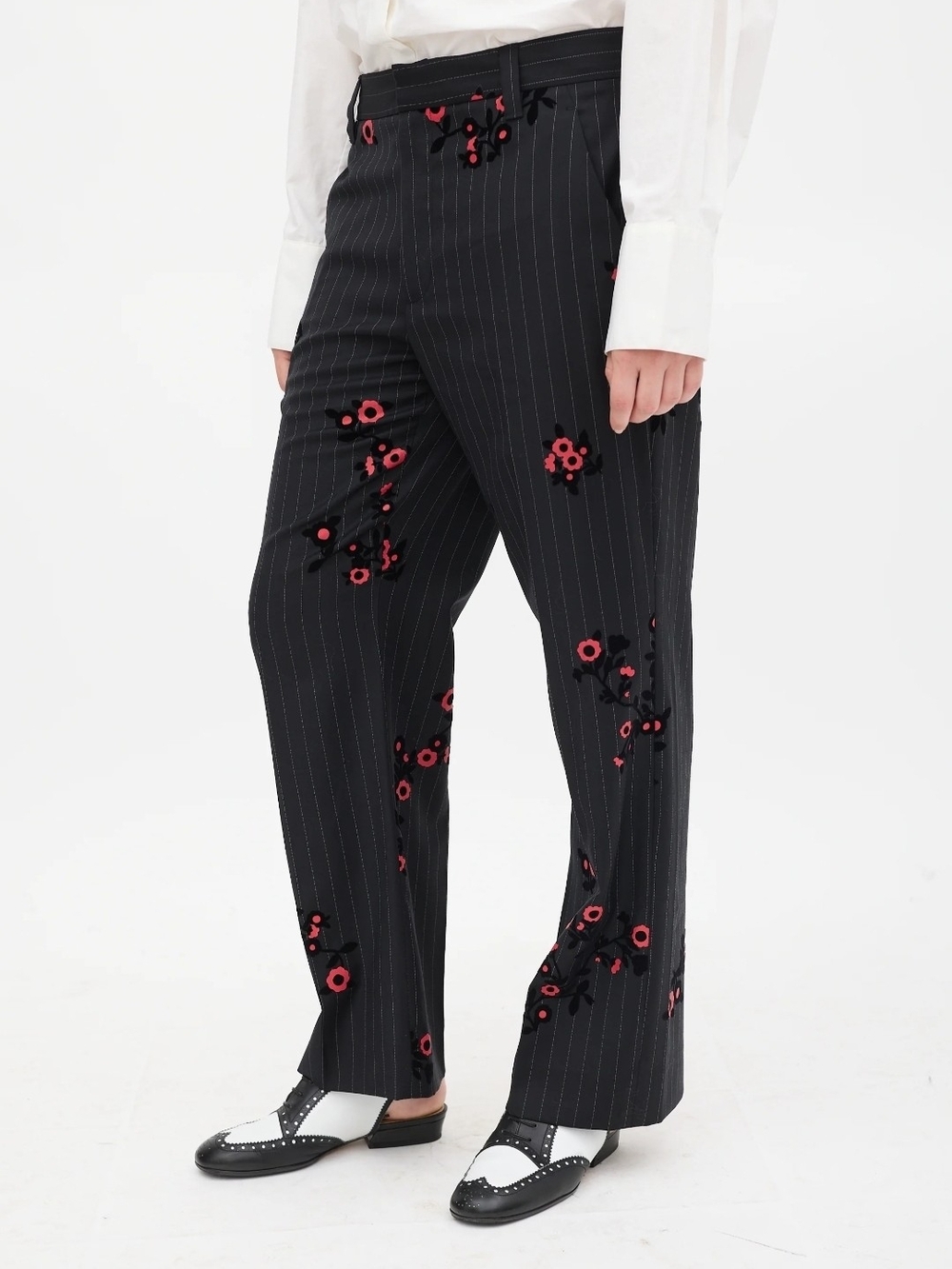 Marc Jacobs Black Pinstripe Trousers with Red Floral Appliqué - Picture 2 of 8